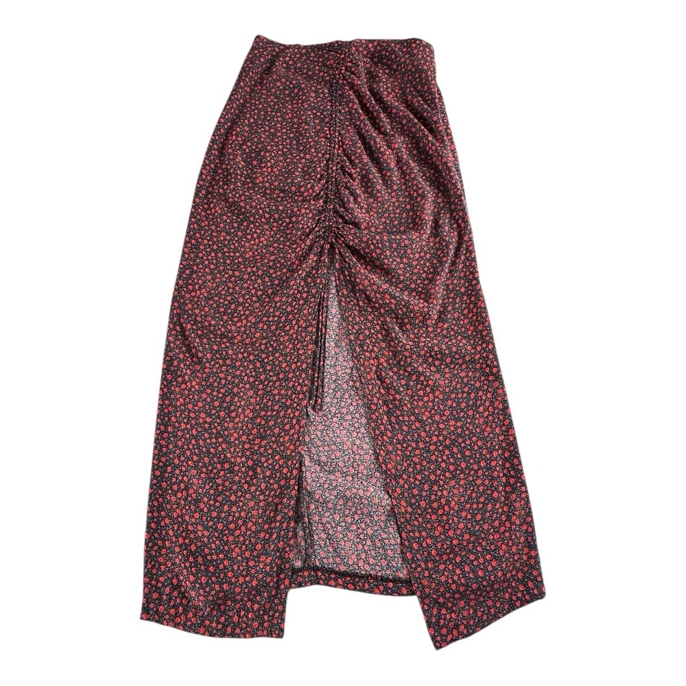 Zara Women's Size Medium Red/Black Flower Open Front Slit &‎ Zipper Midi Skirt